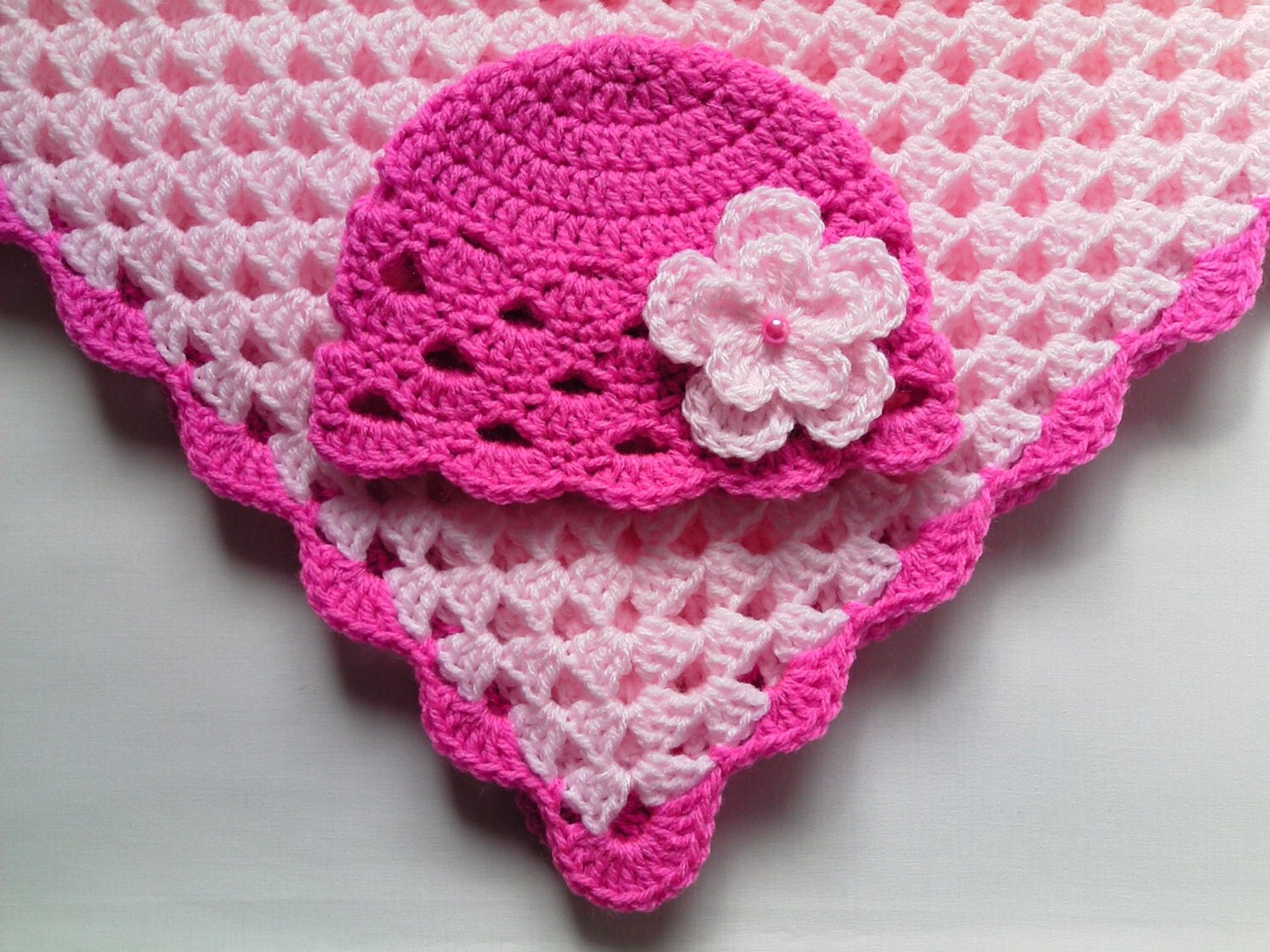 Crochet Baby Blanket and Baby Hat Set Gift Christening Baptism