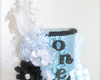 Blue White and Black Alice in ONEderland Inspired Mad Hatter Tea Party -  Mini Top Hat Headband - Perfect  First Birthday Photo Prop