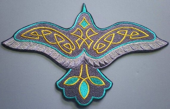Large embroidered raven iron on applique patch celtic