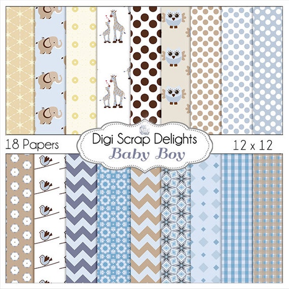 Baby Boy Blue Digital Paper Scrapbooking In Patterned Blue