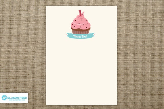 First Birthday Cupcake Thank You Note - Cupcake Birthday Printable - 1st Birthday Printable - Girl Birthday Party - Stationery Note Card Il_570xn