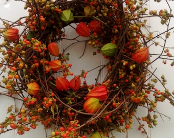 Harvest Wreath - Bittersweet Wreath with Orange Japanese Lanterns