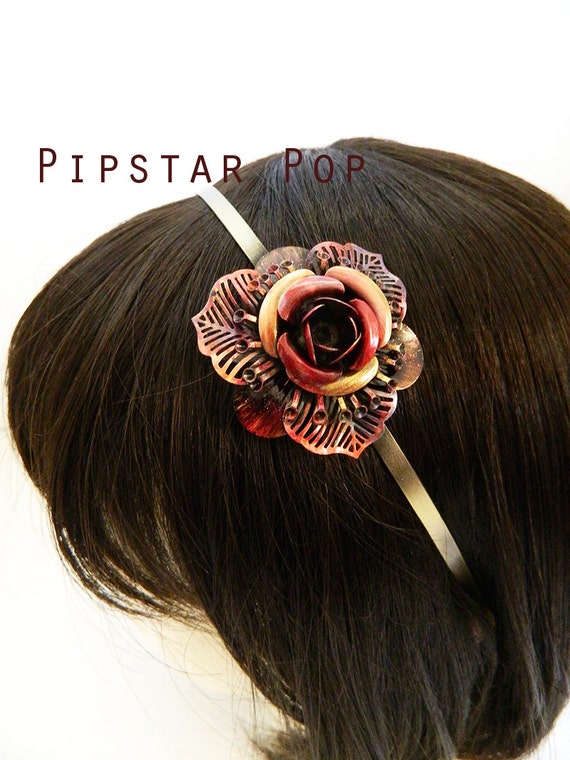 Autumn Red Rose Bronze filigree headband - Dara Rose Design for wedding, art deco fashion, steampunk costume - Vintage style headband by PipStarPop steampunk buy now online
