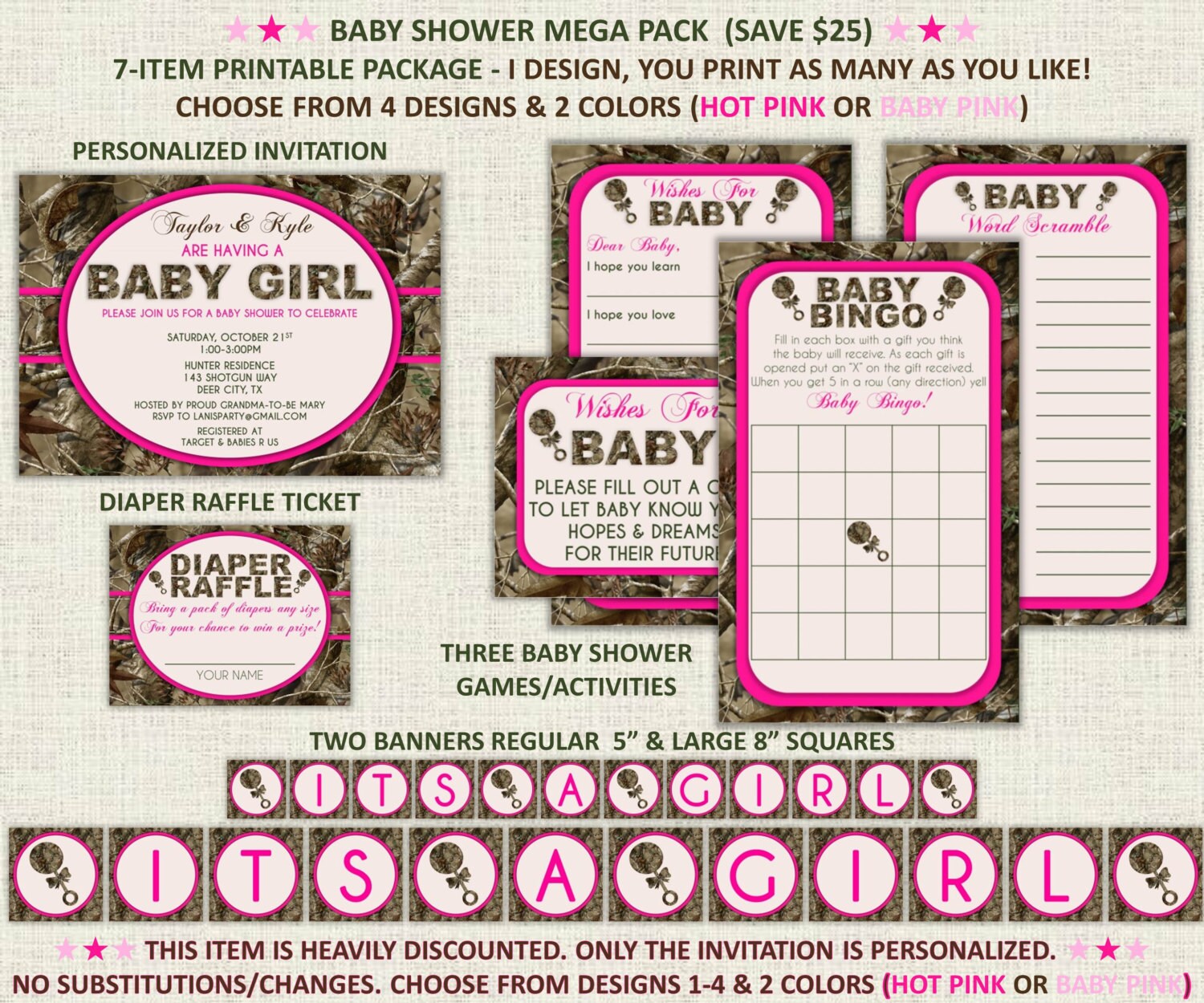 Pink Hunting Camo Baby Girl Shower Invitation Package Mega