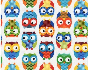 Bright Owl by Alice Kennedy White1 yard cut, Timeless Treasures - Owl Fabric
