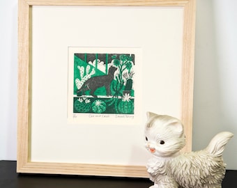 Cat and Cacti- Woodcut Print