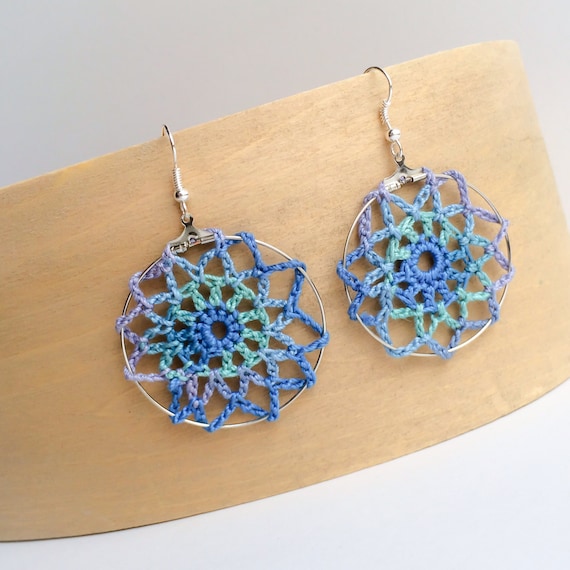 Crochet Lace Doily Hoop Earrings Peacock Color Scheme Dreamcatcher Statement Jewerly Variegated Yarn Ready to Ship