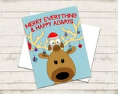 Christmas Greeting Card - Merry Everything & Happy Always - Owl and Reindeer - 5.5"X4.25" - Illustration- Folded Card Il_170x135