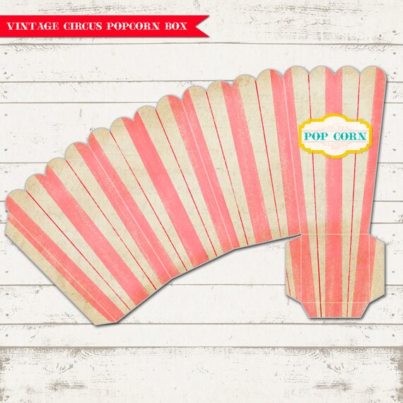 Instant Download Pop Corn Box - Vintage Circus, Carnival - Pink and red Stripes, Vintage Inspired, Distressed - Printable Design Il_570xn