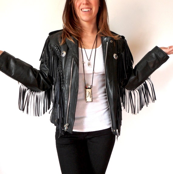 Black Leather Fringe Biker Jacket Unik Motorcycle Concho Coat