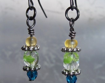 Yellow, Green, Blue Czech Glass Earrings