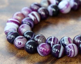 Striped Agate Beads, Purple, 8mm Round - 15 inch strand - eGR-AG58205-8