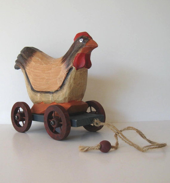 Vintage Wooden Rooster pull toy Primitive Folk Art Home
