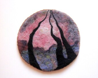Felt wall hanging, needle felted wool art, surreal landscape, fiber art, felt picture.