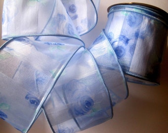 Soft Rose Wired Ribbon, Blue, 2 1/2 inch wide, 1 yard, For Gift Packing, Wreaths, Center Pieces, Home Decor, Romantic Crafts.