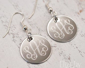 engraved vine monogram earrings in stainless steel