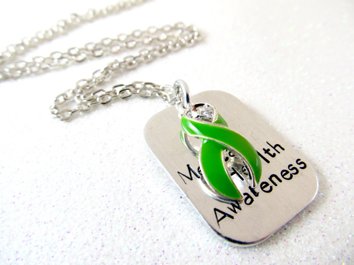 Mental Health Awareness Necklace Green Awareness Ribbon Hand