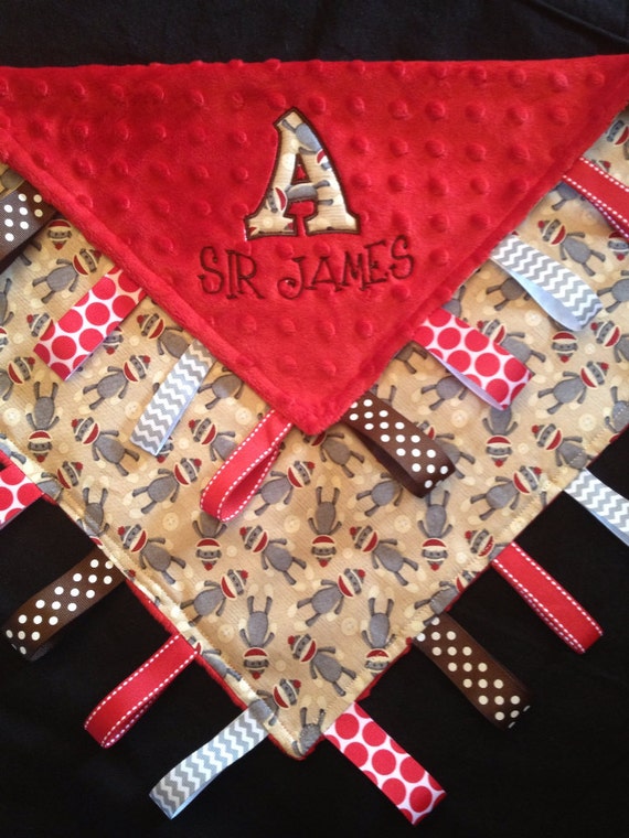 Items similar to Sock Monkey Baby Tag Security Blanket on Etsy