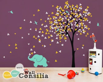 Baby Nursery Wall Decals - Tree Wall Decal Elephant Decal Decor Tree Wall Mural Sticker Decoration - Large: approx 83" x 53" - KC033
