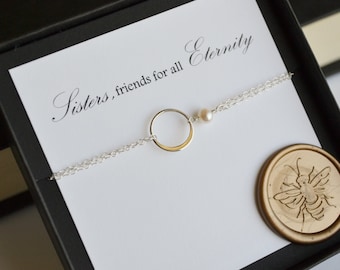 Sterling Silver Eternal Love Sister Bracelet with Genuine Freshwater Pearl and Crystal Quartz Gemstones