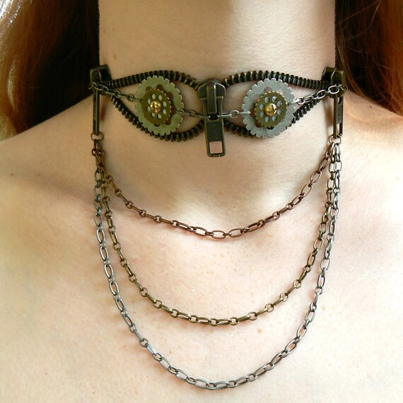 Steampunk Owl Zipper Choker Drape Choker Chandelier Choker