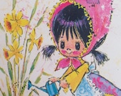 Vintage Postcard 70's Cute Girl in the Garden Yellow