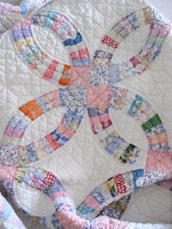Antique Quilt Double Wedding Ring Quilt Hand Made Multi