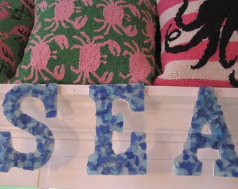 Beach Decor Seaglass letters- "SEA" - Seashells - Coastal Home Decor - Seaglass - Wooden Letters - Beach