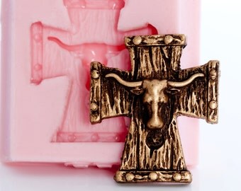 Western cross silicone jewelry mold, polymer clay mold, resin mold, fimo mold, steer skull mold (926)