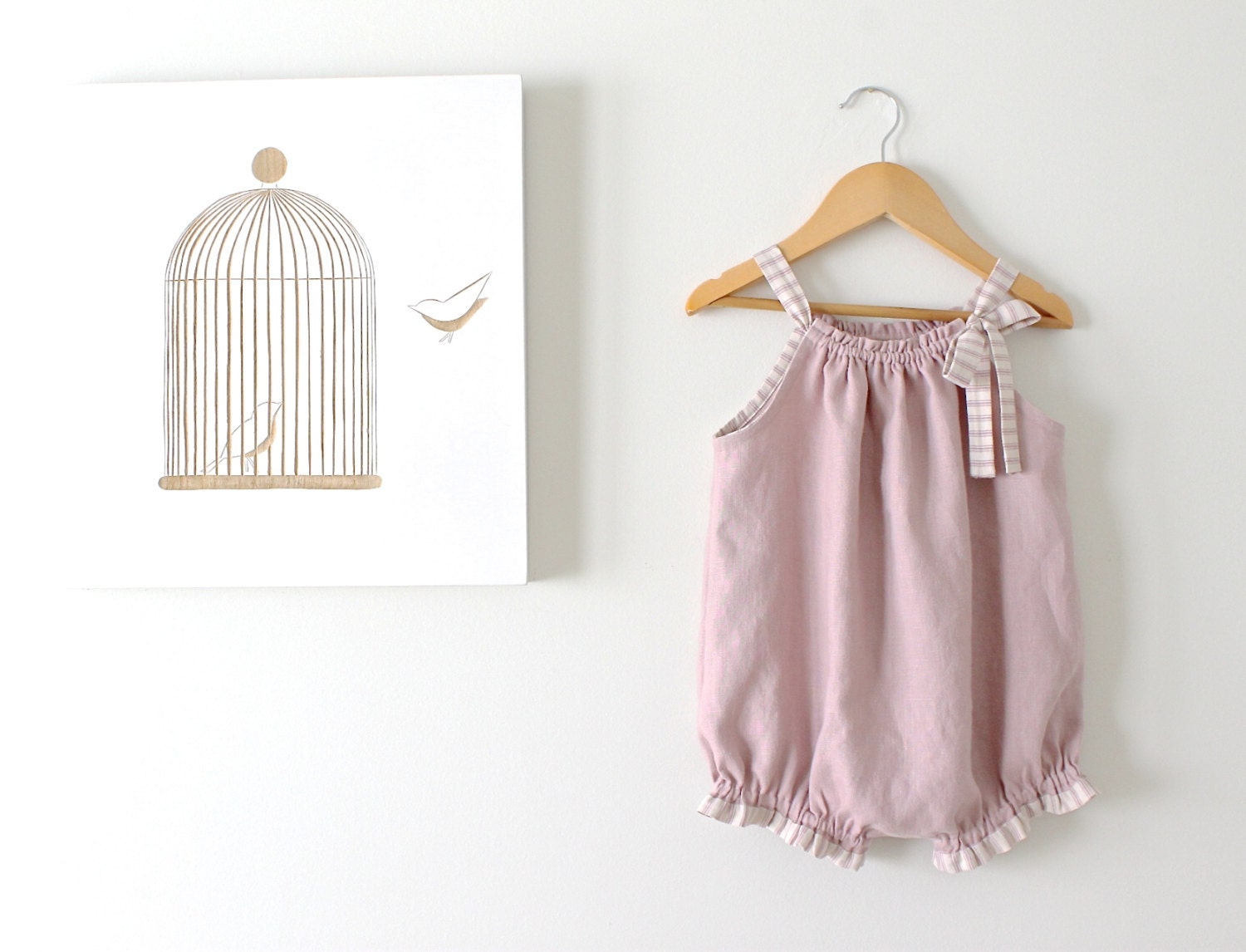 Baby Girl Linen Vintage RomperDusky Mauve and Stripe TrimOne
