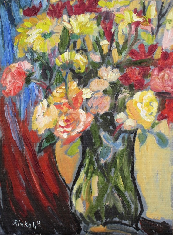 Original floral still life fauvist abstract impressionist oil