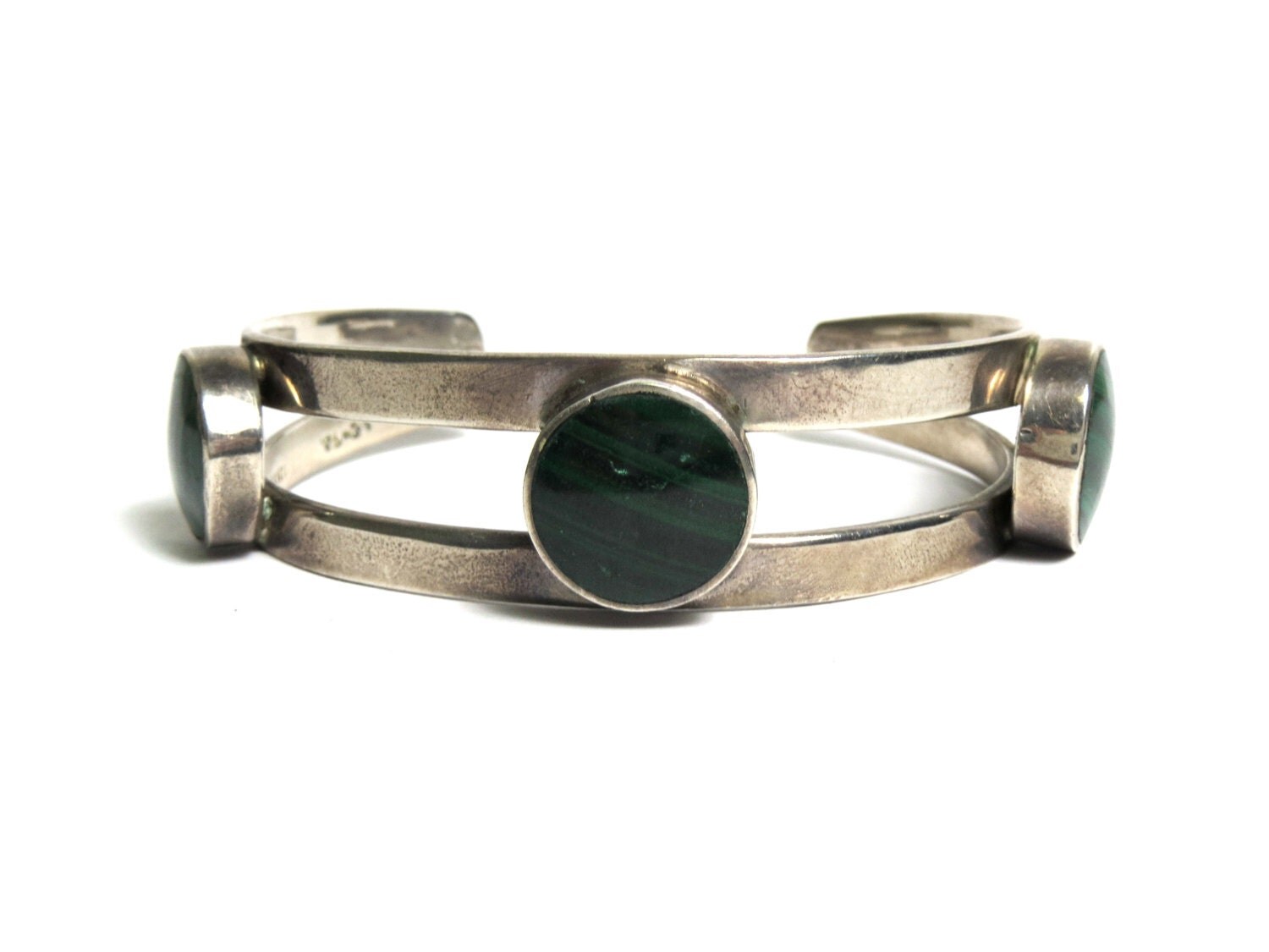 Vintage Taxco Cuff Malachite Sterling Silver Bracelet