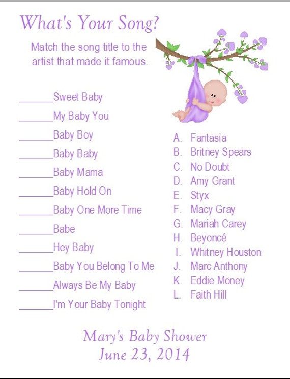 24 Personalized WHAT'S YOUR SONG Baby Shower Game