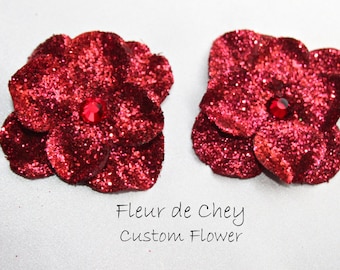 One Glittered Red Custom Flower w/ Crystal Center on Alligator Hair Clip- Handmade Floral Headpiece