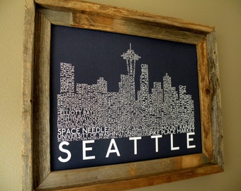 Seattle Skyline Word Art Print (Dark Blue) - Unframed