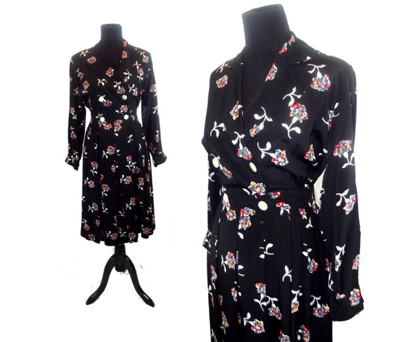 OPAL Vintage 80s Liz Claiborne Floral Filigree Print Double-Breasted Wrap Dress Sz M (8)