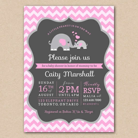Baby Shower Invitation, A Little Peanut is On the Way, Pink and Grey, Elephant Party Printables Il_570xn