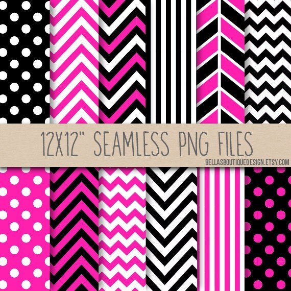 Instant Download, SEAMLESS, Hot Pink and Black, Posh, Chic, Digital Paper Pack, Chevron, Herringbone, Polkadots, Stripes Il_570xn