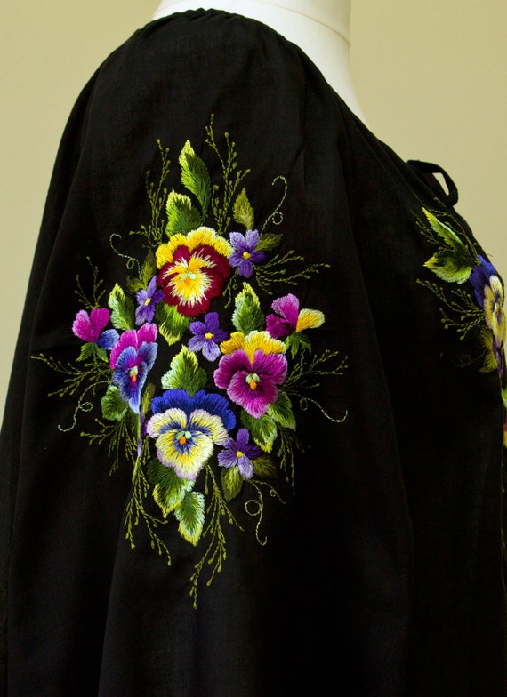 Hand embroidered black blouse Forget-me-not