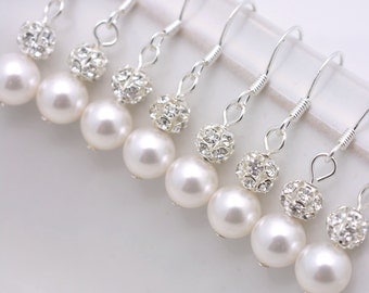 3 Pairs Bridesmaid Earrings, 3 Pairs Pearl and Rhinestone Earrings, Bridesmaid Pearl Earrings, Pearl and Crystal Sterling Silver 0061