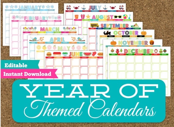 monthly themed calendar set 12 editable printable calendars