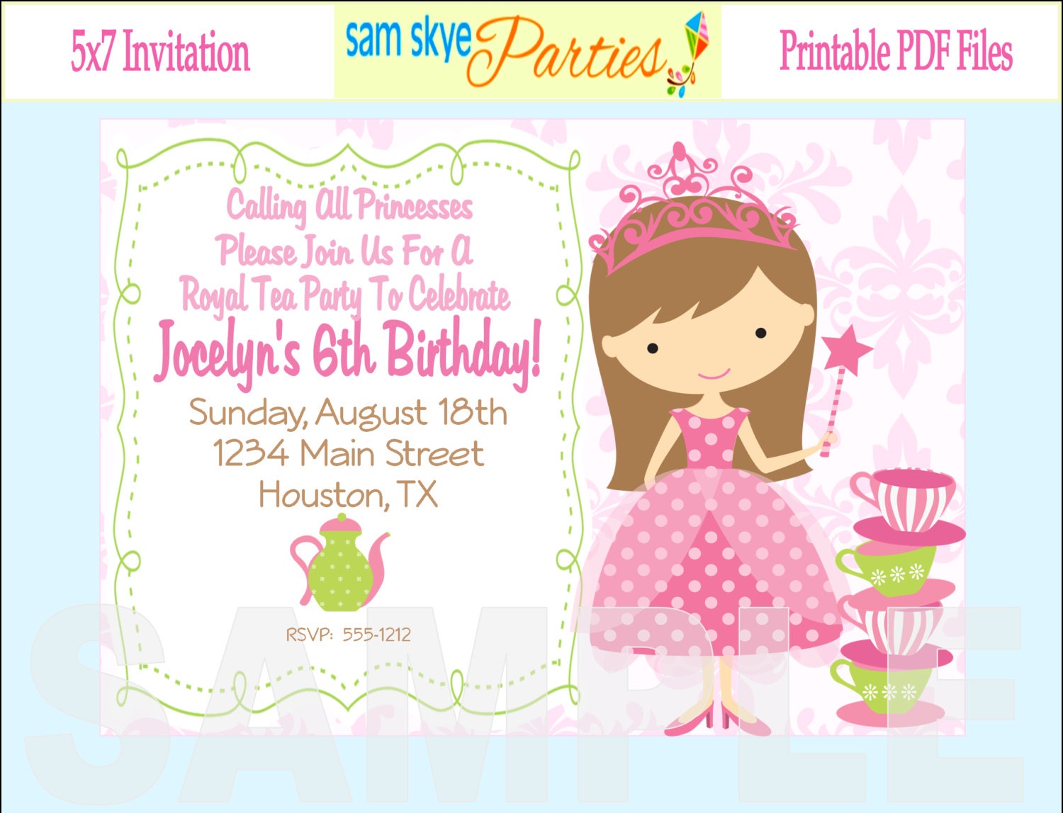 Princess Birthday Tea Party Invitation Tea by SamSkyeParties