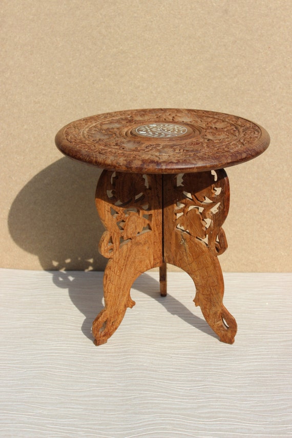 Vintage Hand Carved Wood Indian Folding Table Plant Stand