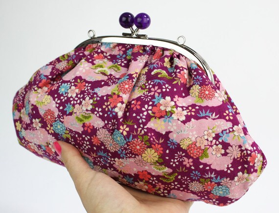 Japanese Clutch Bag Kimono Style Purple Cherry Blossoms