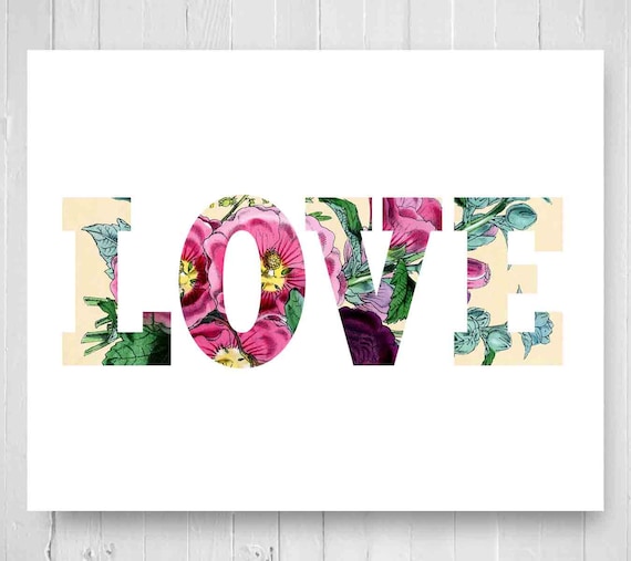 Items similar to Vintage Floral Word, Love Art Print, Engagement ...