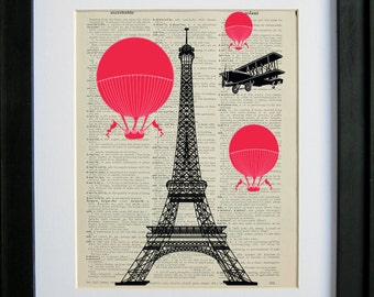 Eiffel Tower with Red Hot Air Balloons printed on a page from an ...