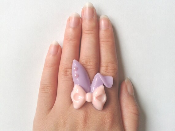 Pastel Bunny Bow Large Kawaii Ring