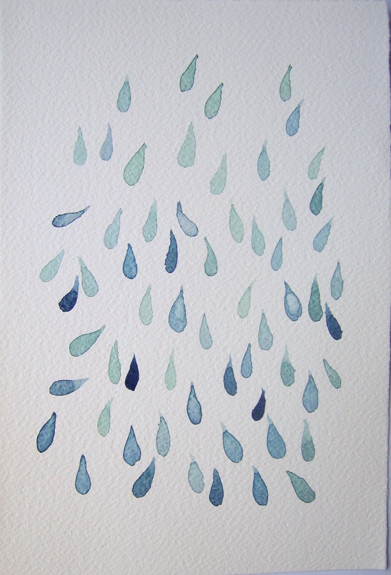 Mint blue raindrops painting. Watercolor art original. Art