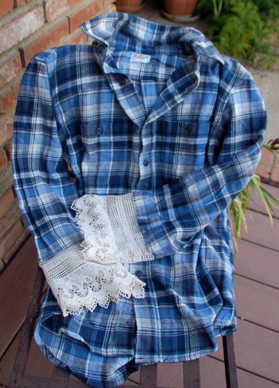 Vintage Crochet Lace Flannel Shirt Lace Bell Sleeve Flannel