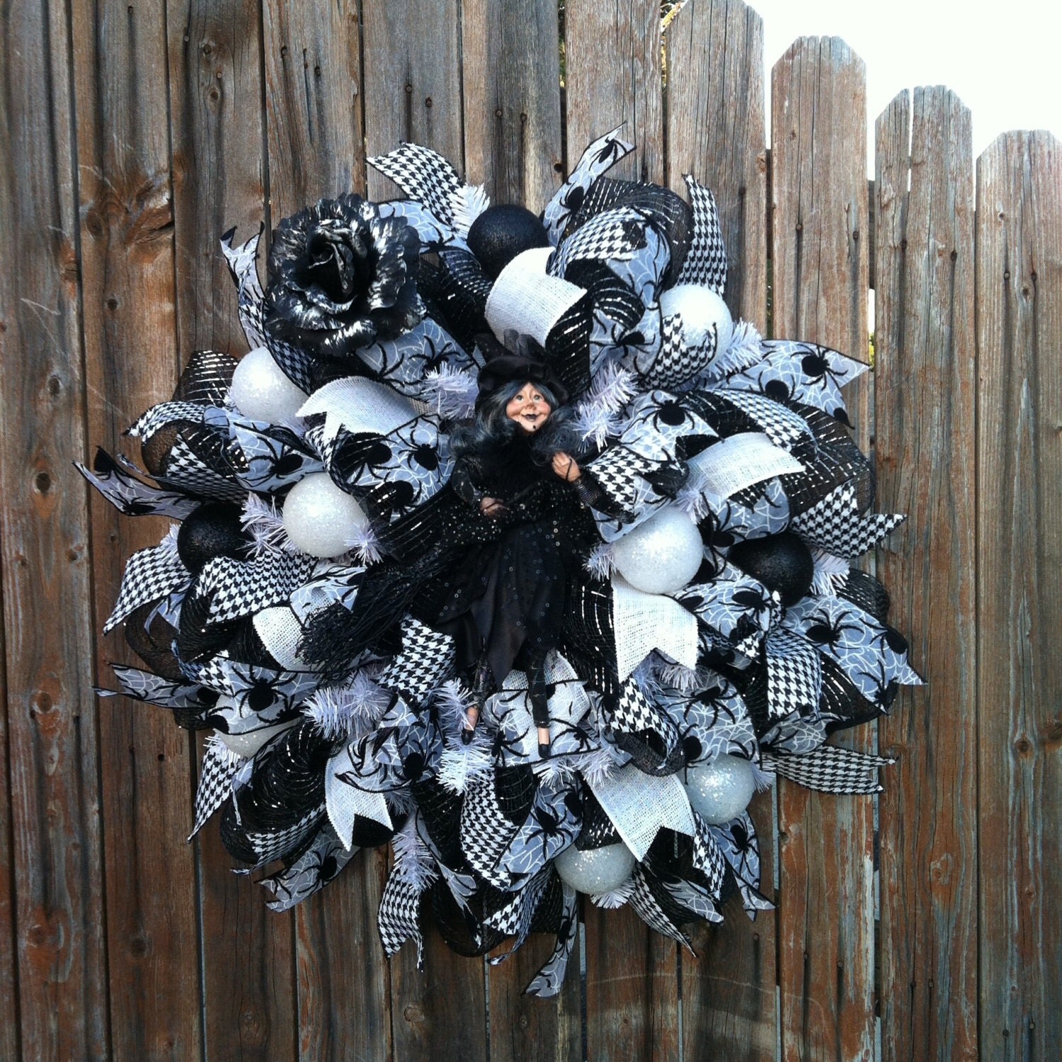 ON SALE Deco Mesh Halloween Black and White Witch Wreath